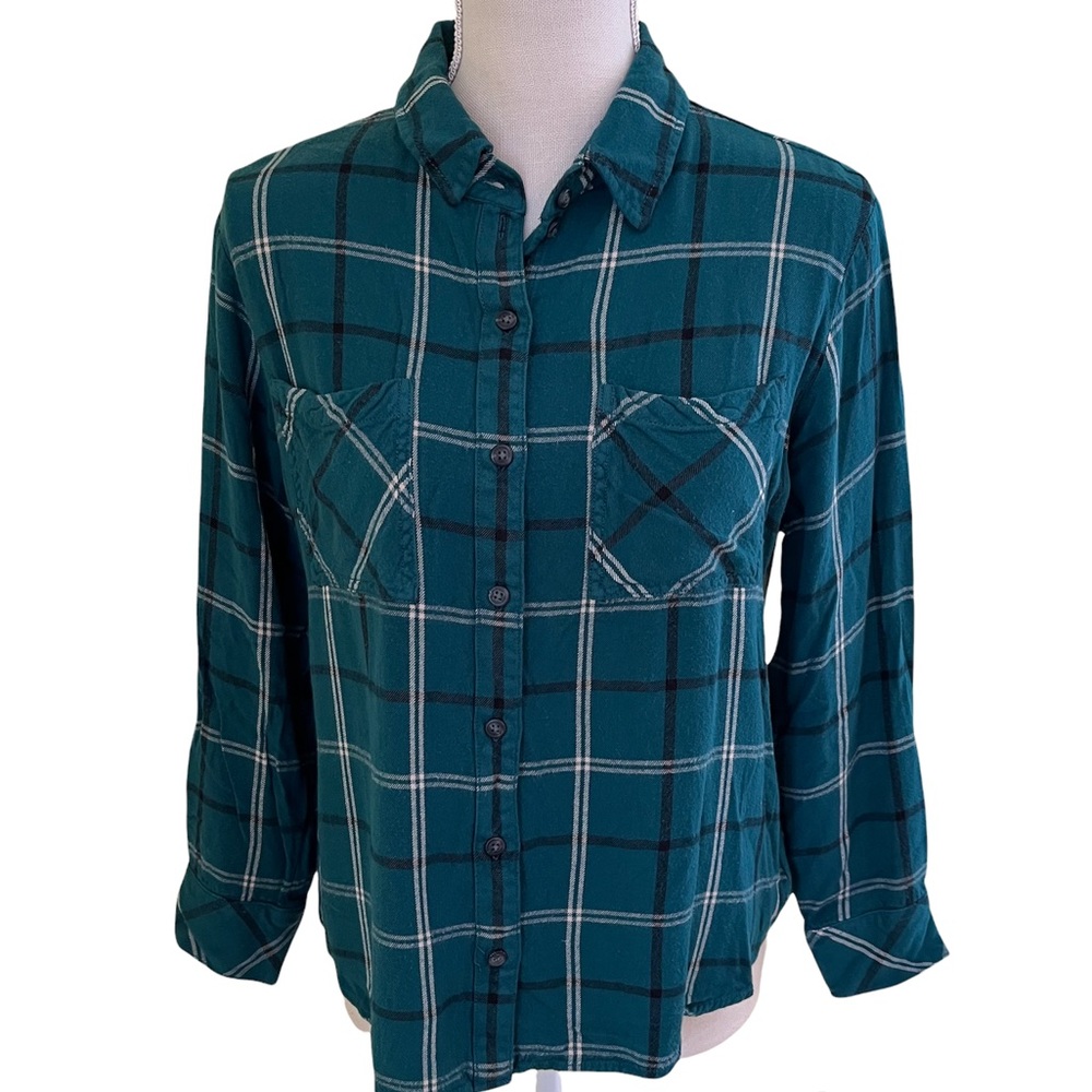 Sanctuary Teal Plaid Lightweight Flannel Shirt S